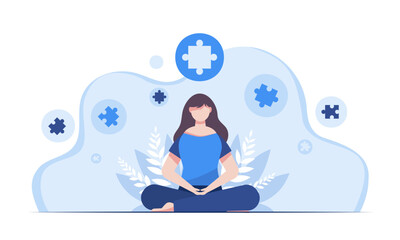 A meditating businesswoman finds the right jigsaw puzzle in an ongoing business project.