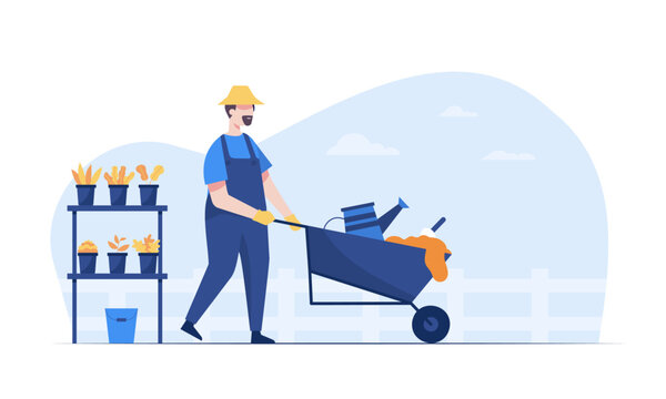 gardener pushing wheelbarrow with tools and plants clip art preview