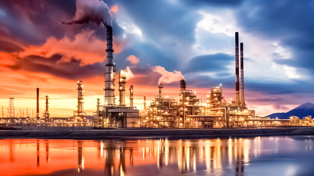 Refinery plant of a petrochemical industry on beautiful sunset sky background.

