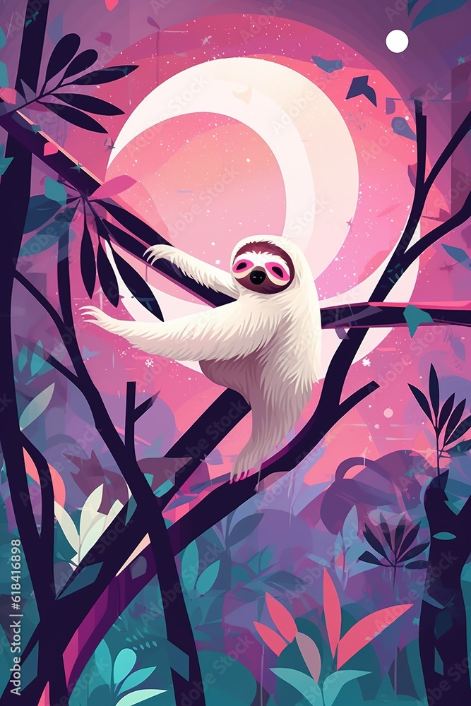 Poster a slot machine dangling from a limb of a tree in the presence of a full moon
