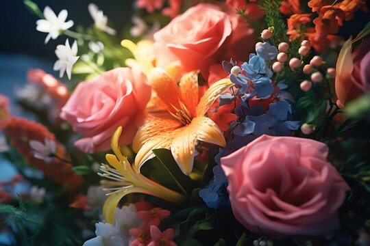 Close up of a bunch of colorful flowers - created with Generative Ai technology
