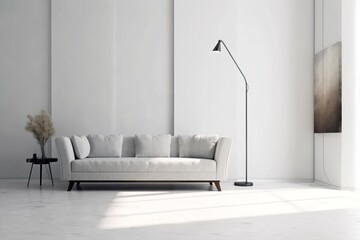 interior background white sofa furniture pillow simple empty contemporary trendy modern cosy. Generative AI.