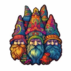 Vibrant illustration of bearded gnomes in different colors