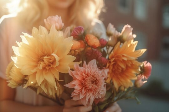 Close up of a woman holding a colorful bouquet of flowers - created with Generative Ai technology