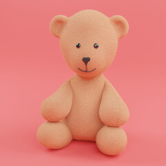 Soft teddy bear sitting, knitted toy, friendly smile