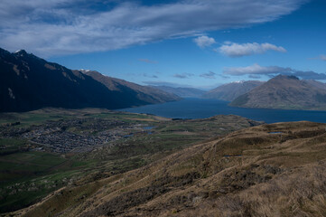 View of Queenstown and Lake Wakatipu from the peak of Deer Park Heights, New Zealand South Island
