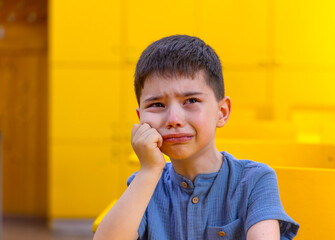 cute preschooler boy crying in classroom or outside with backpack in hands.dissatisfied unhappy sad upset angry kid child.back to school autumn time.yellow interior.tears on check. © Alexandra