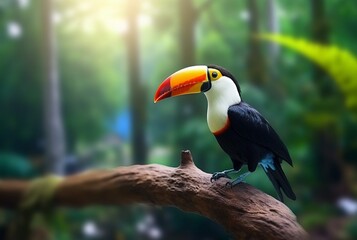 Fototapeta premium Toucan sitting on a branch in forest with blurred background