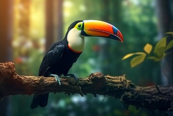 Fototapeta premium Toucan sitting on a branch in forest with blurred background