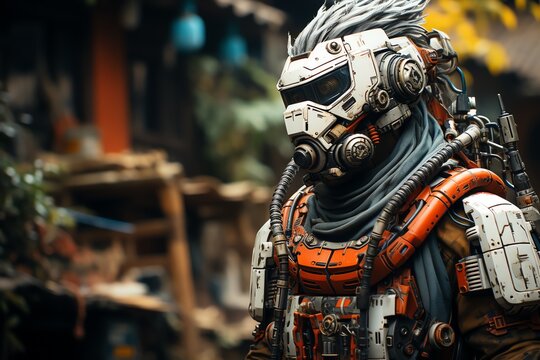 Robot Samurai in the center of a post-apocalyptic