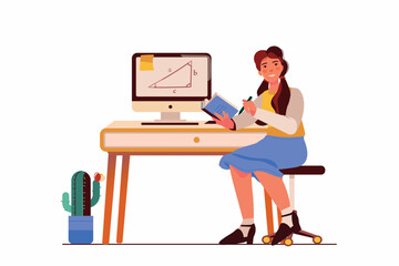 Education concept with people scene in the flat cartoon style. A girl studies geometry on a video from the Internet. Vector illustration.