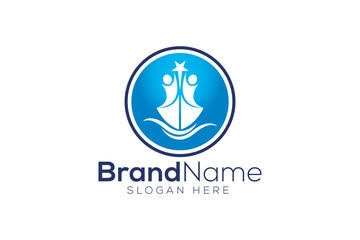 Colorful ship and Happy man wave logo design template