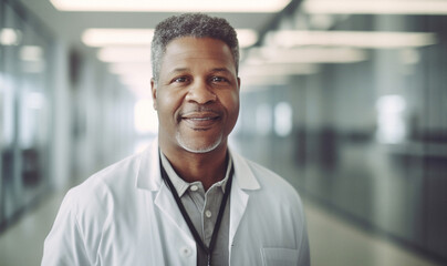Fototapeta premium Black man, doctor and face in hospital with trust, confidence and smile in medical clinic for professional about us. African gp portrait, happy and mature ai generated healthcare worker in corridor