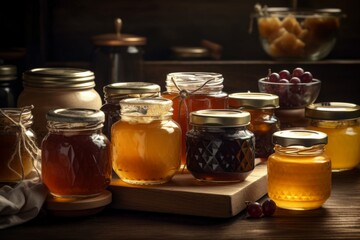 Honey jars table food. Generate Ai