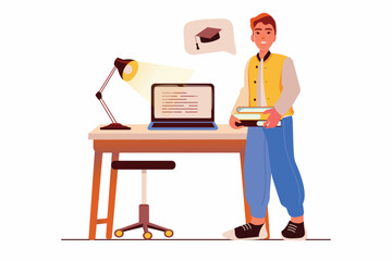 Education concept with people scene in the flat cartoon design. A guy is getting an online education while staying at home. Vector illustration.