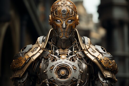 Robot Samurai in the heart of a steampunk city