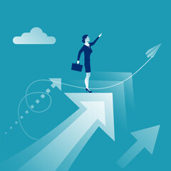 Ambition concept. Abstract metaphor for success. Businesswoman runs up from the idea of the reward. Vector illustration flat design. Isolated on white background.
