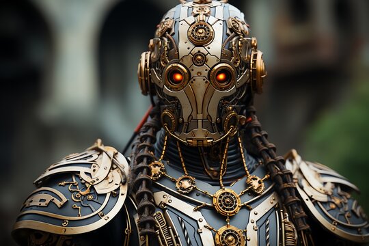 Robot Samurai in the heart of a steampunk city wallpaper