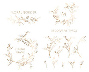 Collection of golden frames, wreaths, borders of twigs.  Decorative elements for design invitation, cards.