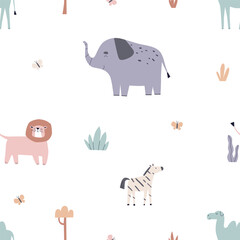 Scandinavian animals pattern. Seamless endless childish background with cute elephant, lion, zebra in Scandi style. Repeating print, kids design. Colored flat vector illustration for baby textile