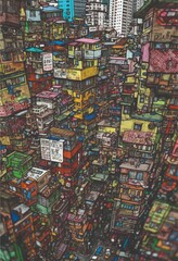 AI generated illustration of A vibrant illustration of a city block building