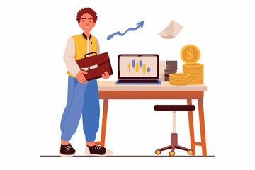 Fototapeta premium Stock market concept with people scene in the flat cartoon style. A financier follows the change of currency on the stock market. Vector illustration.