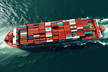 aerial drone view of a huge cargo ship loaded with containers, birds eye. ai generative