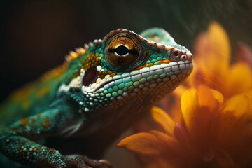 AI generated illustration of a stunning semi-closeup shot of a bright green gecko