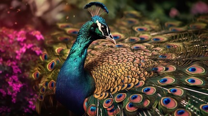 Close up of colorful beautiful peacock in jungle at night time with neon glow