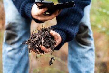 regenerative organic farmer, taking soil samples and looking at plant growth in a farm. practicing sustainable agriculture.