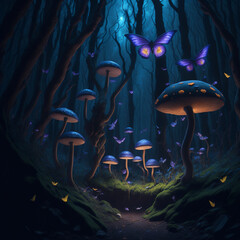 Obraz na płótnie Canvas Mysterious forest with mushrooms and butterflies. 3D illustration.