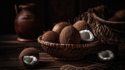 Fototapeta na wymiar Closeup Coconuts fruits in a bamboo basket with blurred background