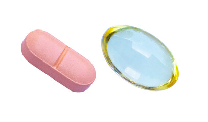 Fish oil supplement capsule gold, pink drug isolated on cut out PNG. Pill strengthens immune system. Body's immune response after vaccine is good is becoming popular. Medicine nourish body
