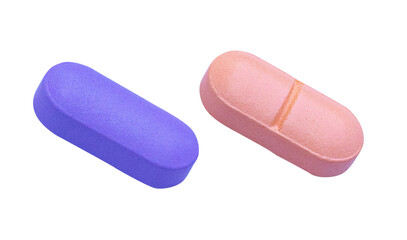 Supplement capsule pink, purple drug isolated on cut out PNG. Pill strengthens immune system. Body's immune response after vaccine is good is becoming popular. Medicine nourish body.