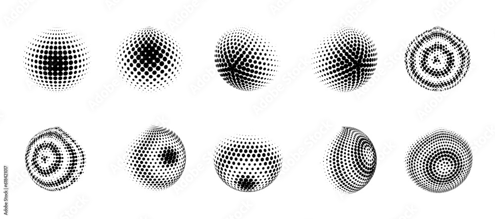 Poster set of halftone volumetric spheres. collection of 3d spheres. halftone design elements. vector illus