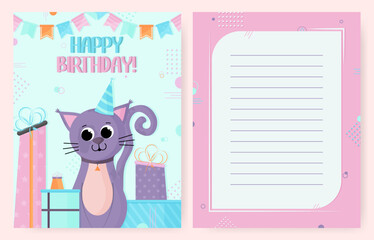 Birthday greeting card with a cat. Double-sided postcard. Celebration. Place for text. Birthday invitation. Vector illustration in a flat style.