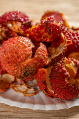 angle view dish of lichee skin at vertical composition