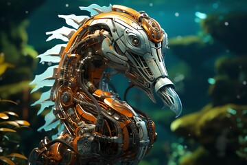 Robot seahorse floating near vibrant seaweed - obrazy, fototapety, plakaty