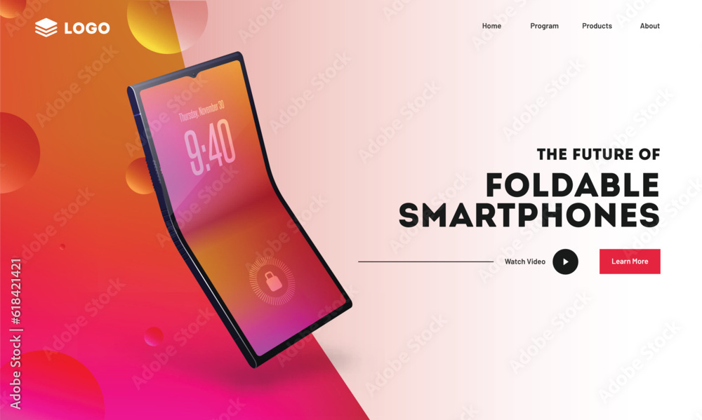 Poster responsive banner or landing page design with realistic foldable smartphone.