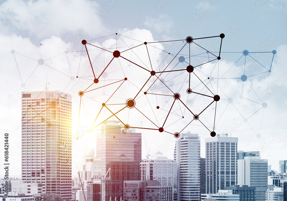 Poster modern city and social net as concept for global networking