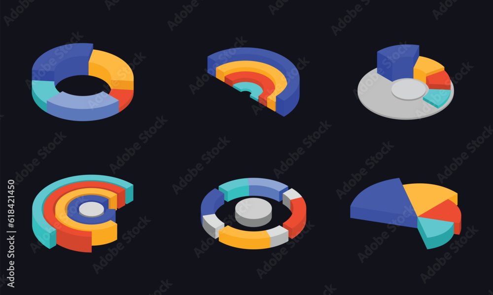 Poster colorful different shape of pie chart for infographic element collection in 3d style.