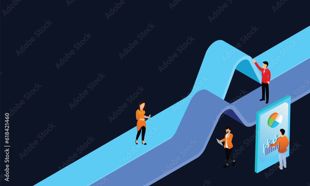 Poster miniature business people using smartphone with maintain data and space for message.