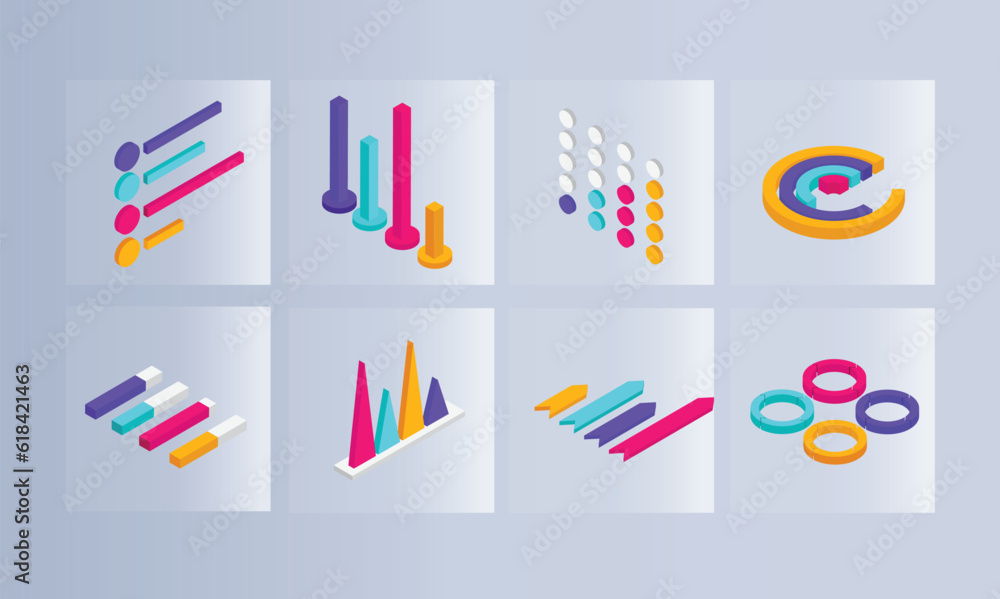 Poster 3d isometric of colorful different shape infographic elements.
