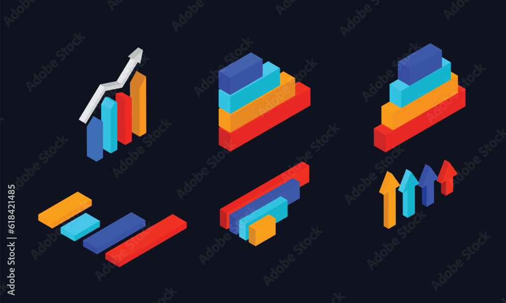 Poster 3d isometric of different style colorful bar graph for infographic element collection.