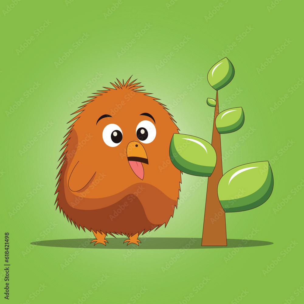 Sticker Orange Hairy Fuzzy Bird Eating Leaf of Tree on Green Background.