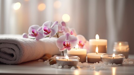 Fototapeta na wymiar Candles and flowers in a calm relaxing and soothing SPA environment Generative AI Illustration