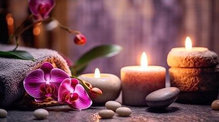 Fototapeta na wymiar Candles and flowers in a calm relaxing and soothing SPA environment Generative AI Illustration
