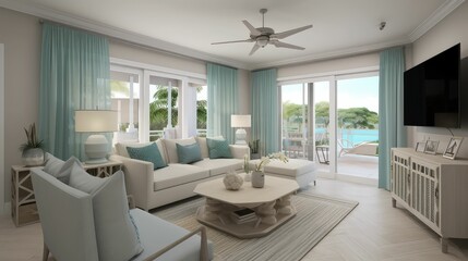 Fototapeta premium Sea side bar interior with wooden floor and metal armchairs