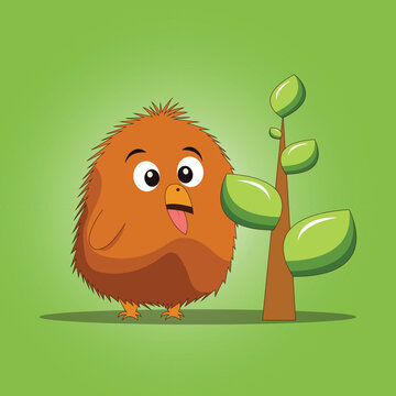 Orange Hairy Fuzzy Bird Eating Leaf of Tree on Green Background.