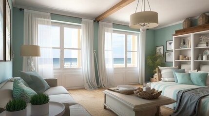 Fototapeta na wymiar Cozy interior with seaside view